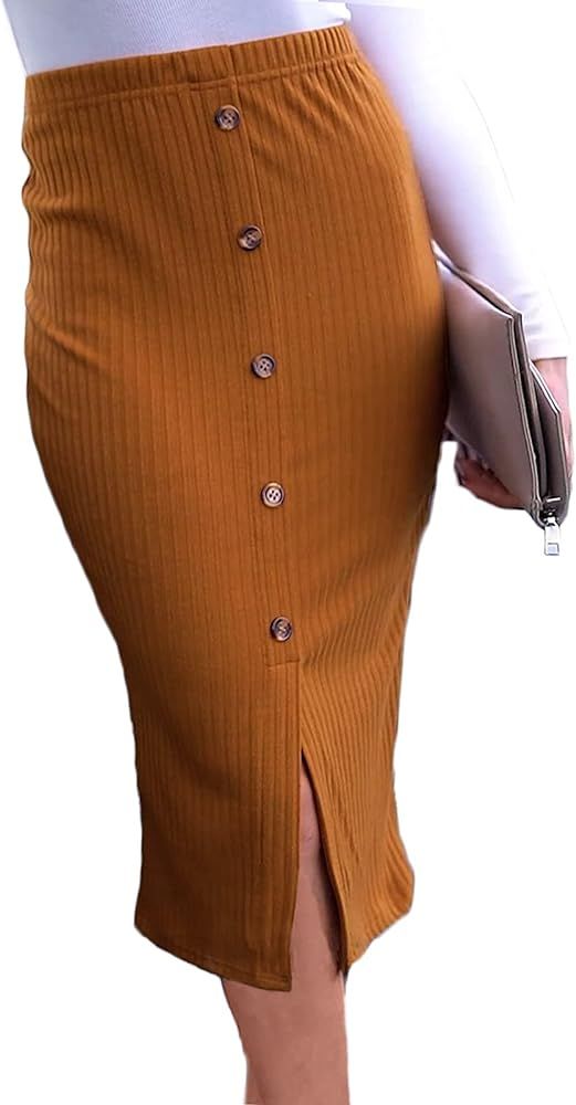 Button Front Skirts for Women Midi Tight Ribbed Knit Elegant Skirt (S,Z-Camel) at Amazon Women’... | Amazon (US)
