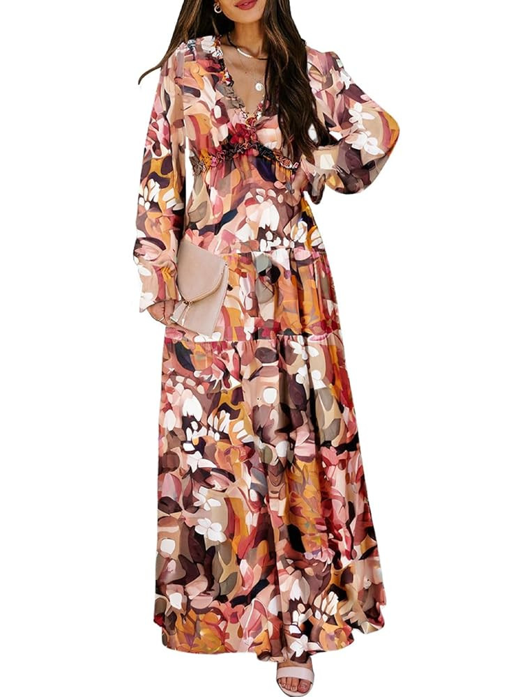 BLENCOT Womens Casual Boho Deep V Neck Short Sleeve Long Dress | Amazon (US)