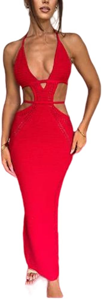 Women's Halter Bodycon Mini Dress Sleeveless Tie Backless Hollow Out Corset Knit Dress Wrap Dress... | Amazon (US)