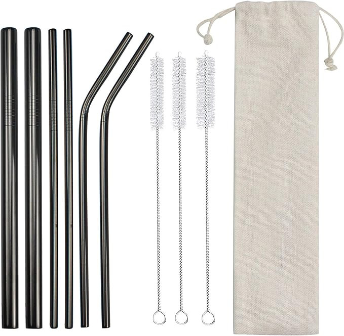 Massampton 10 Pcs Black Reusable Metal Straws with Travel Case & Cleaning Brush 8.5" Stainless St... | Amazon (US)