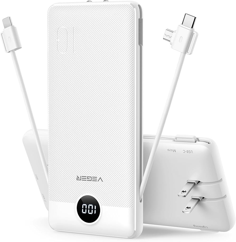 VEGER Portable Charger with Built-in AC Plug and Cables, All in One 10000mAh Ultra Slim Power Ban... | Amazon (US)