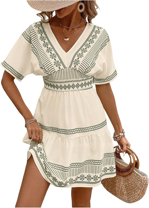 SweatyRocks Women's Printed V Neck Mini Dresses A Line Dolman Short Sleeve Summer Boho Dress | Amazon (US)