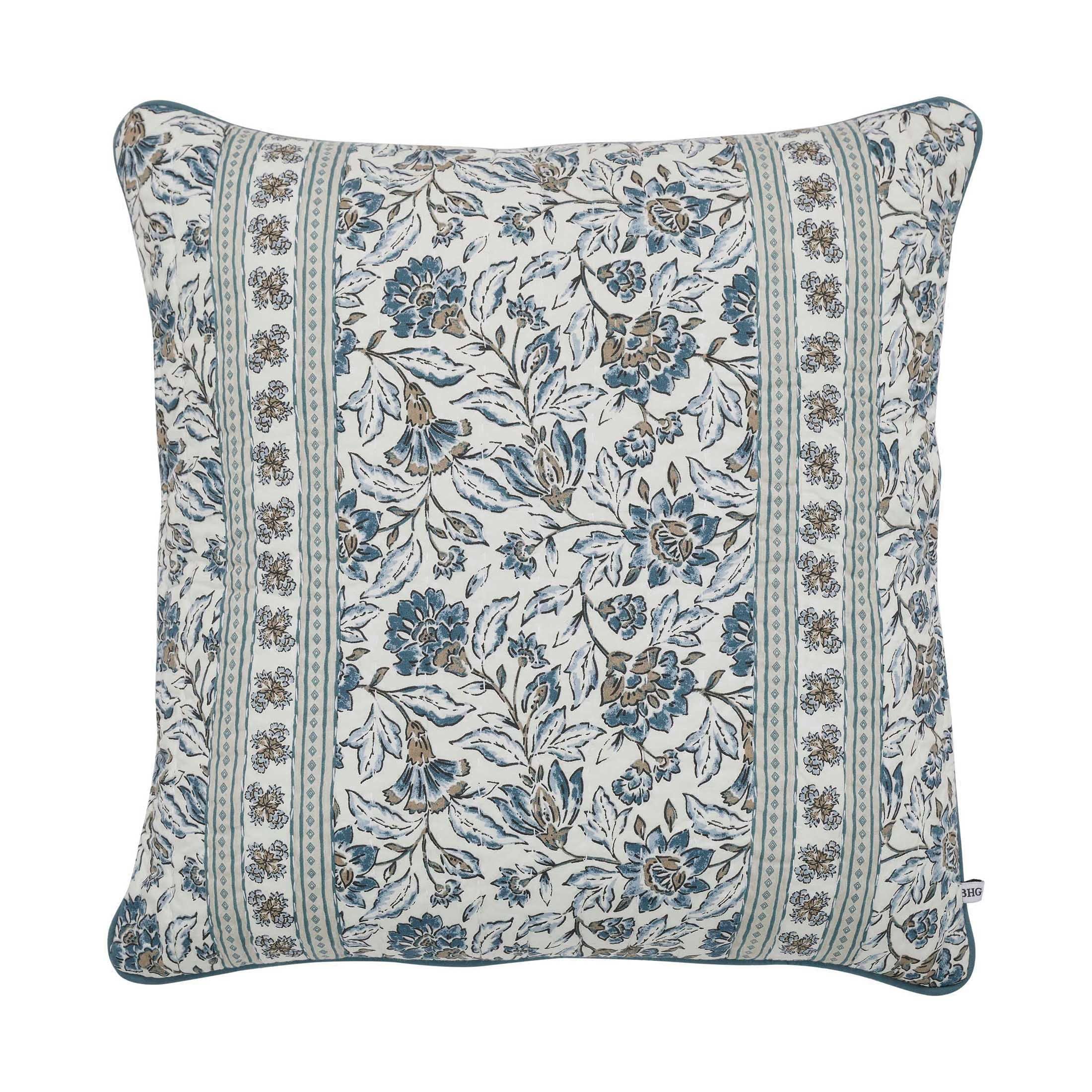 Better Homes & Gardens 20" x 20" Blue Block Print Floral Reversible Cotton Decorative Pillow - Wa... | Walmart (US)