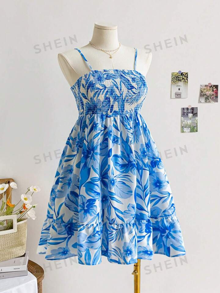 SHEIN WYWH Plus Size Vacation Floral Allover Print A-Line Spaghetti Strap Dress | SHEIN