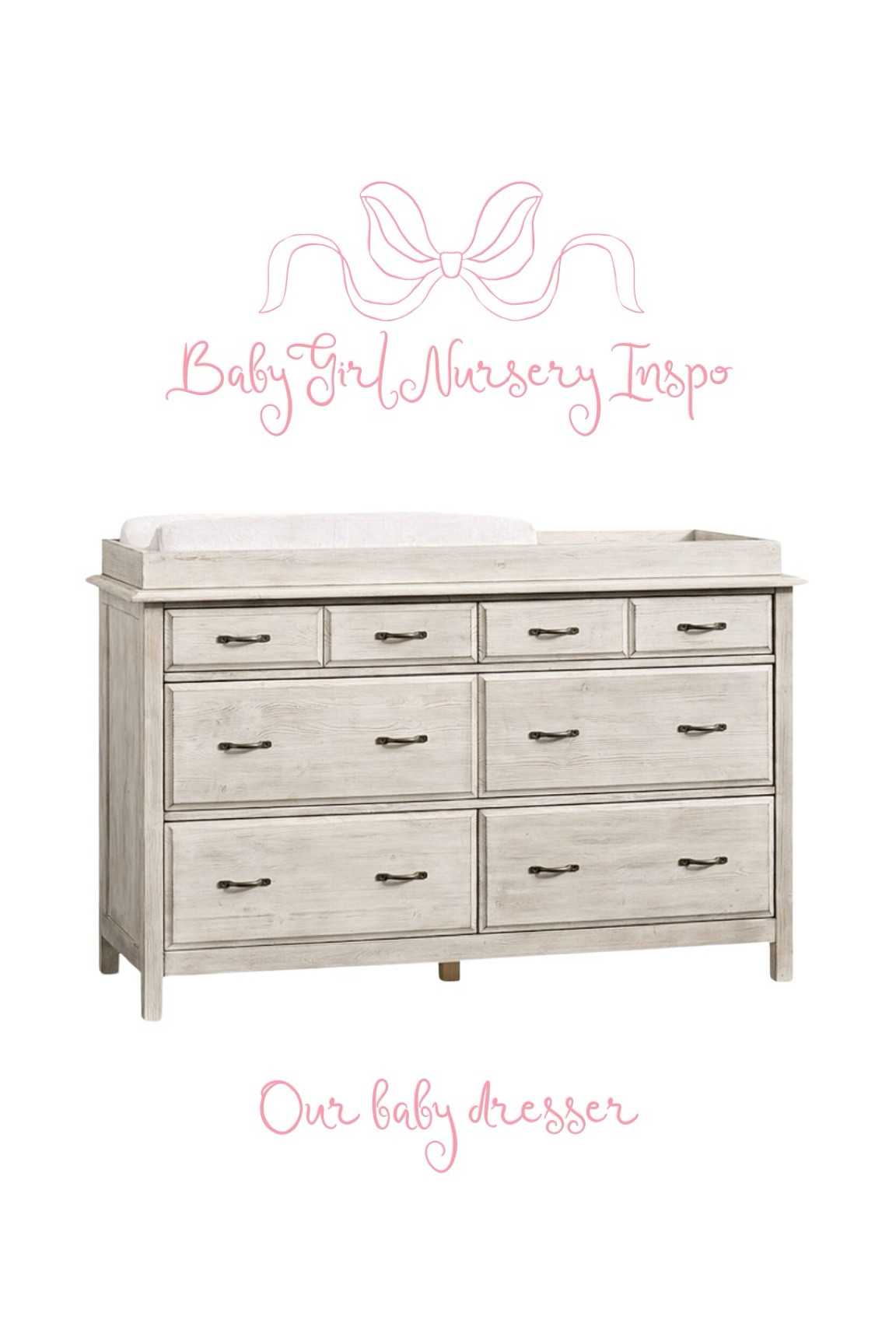 Our baby dresser! All of the furniture we got matches this collection. 

Baby girl / baby girl nursery / nursery ideas / nursery decor / girl nursery decor / girl nursery ideas 