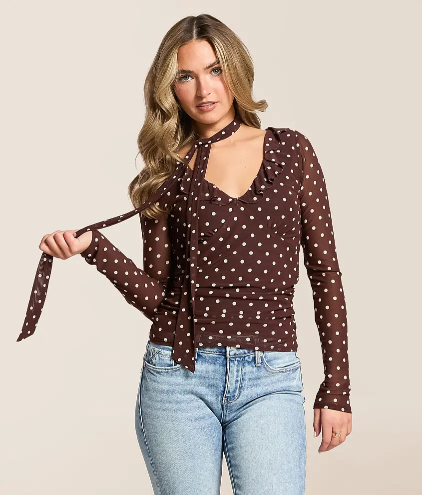 Polka Dot Mesh Top With Detachable Scarf | Buckle