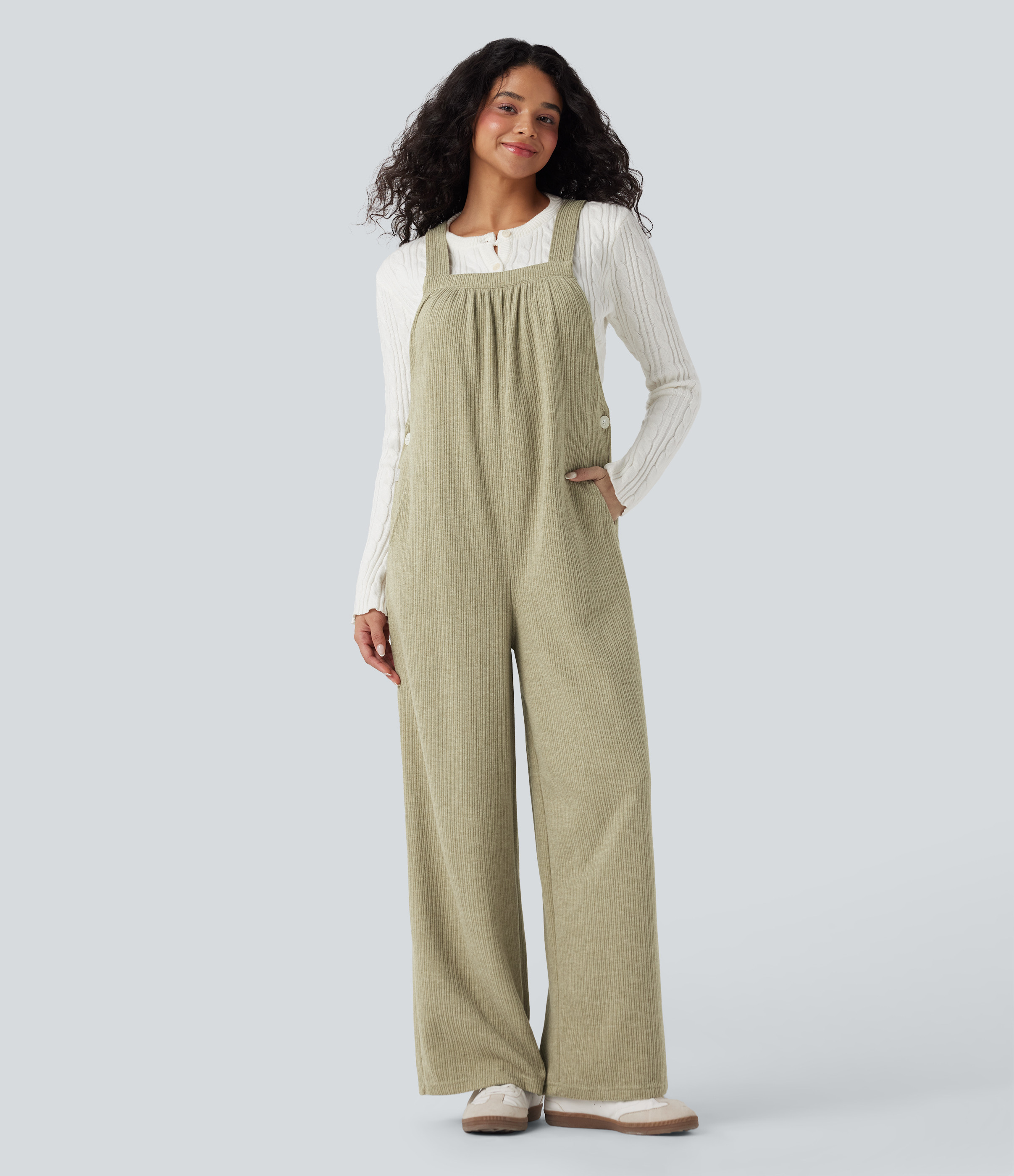 Halara Ribbed Square Neck Casual Overalls with Pockets - Gray Green - M(regular) | HALARA