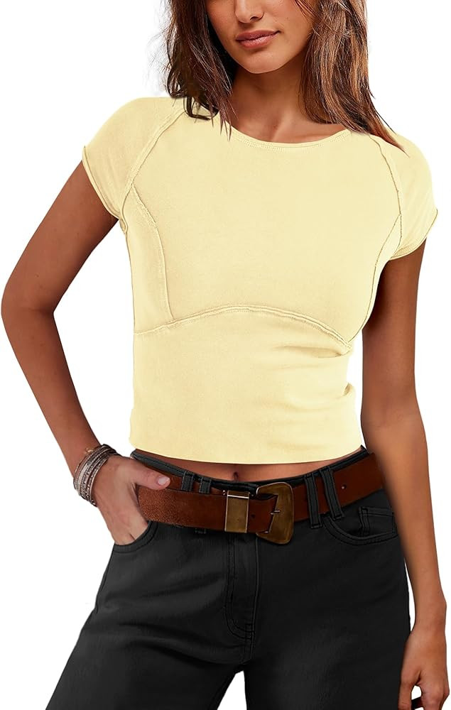 SENSERISE Womens Crop Tops Tight T Shirts Cap Sleeve Basic Tees Slim Fit Baby Tees Y2k Clothes Fa... | Amazon (US)