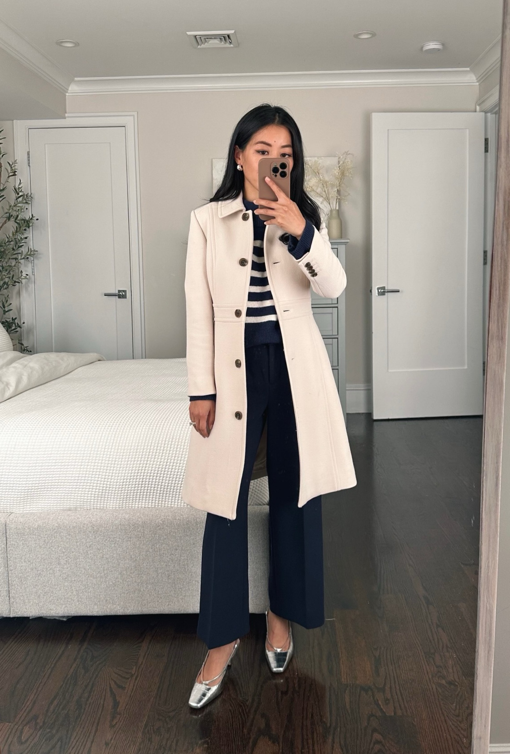 •J.Crew Lady Day coat on sale - Mine is old, but in my experience the sleeves run short for petites and this style runs small. 

The 00 Petite I got years ago and have on here is now too snug on me and I’d recommend sizing up if you want to layer.

Now I would probably do a regular size 00 for longer length, or a petite 0.

- I linked this years version and the J.Cree Factory version

• J.Crew wide leg crop pants in 00 petite. So flattering and great quality! 
•Chunky crew neck sweater xxs, thicker weight with petite friendly length. I folded the sleeves up 
•Silver slingbacks sz 5 
•J.Crew earrings

#petite winter white work outfit 

#LTKHoliday #LTKSeasonal #LTKworkwear
