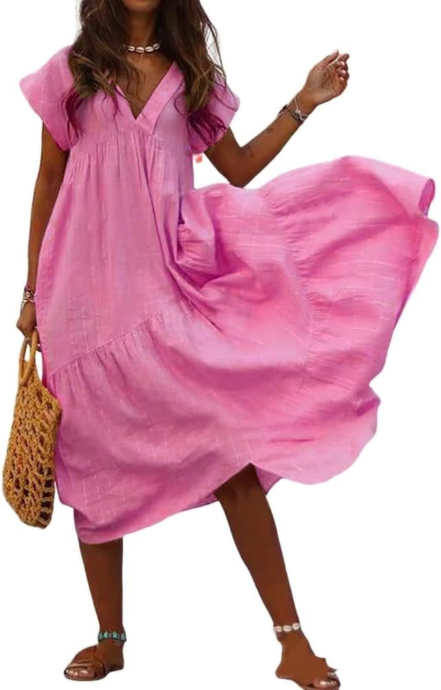 Womens Summer Boho Casual Ruffle Short Sleeve Flowy Swing Dress Plue Size Tiered Maxi Beach Sundr... | Amazon (US)