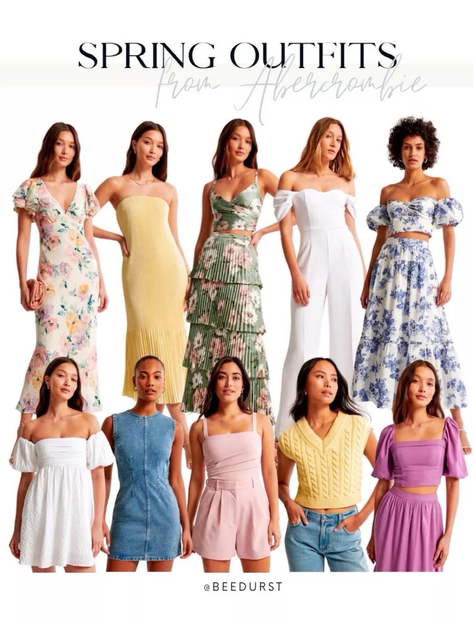 Spring outfit from Abercrombie, Abercrombie spring outfit, spring dresses, Easter dress, date night outfit, vacation outfit, resort wear, bridal wear, bride outfit, white jumpsuit, floral dress, yellow dress, two piece dress, off the shoulder top, sweater vest, denim mini dress, tiered skirt, midi dress

#LTKstyletip #LTKSpringSale #LTKSeasonal