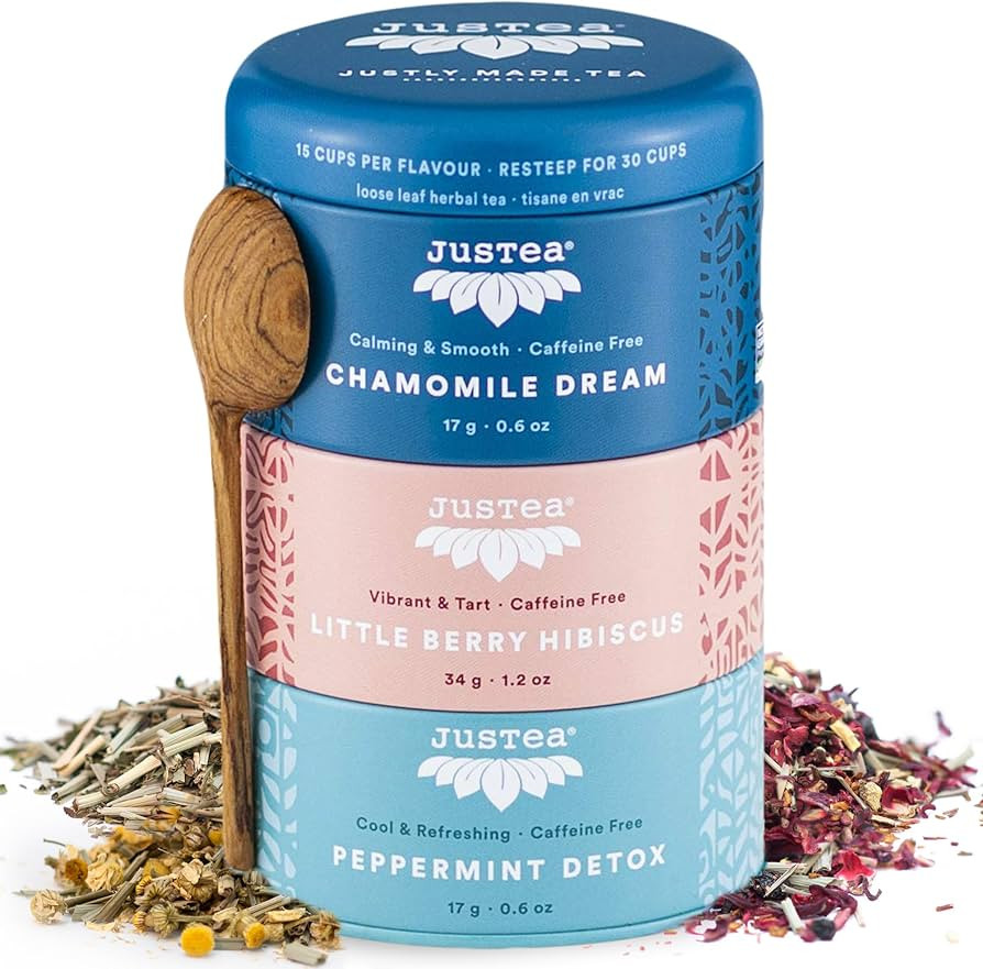 JusTea Herbal Tea Trio | Stacking Tins Variety Pack with Hand Carved Tea Spoon | Loose Leaf Tea |... | Amazon (US)