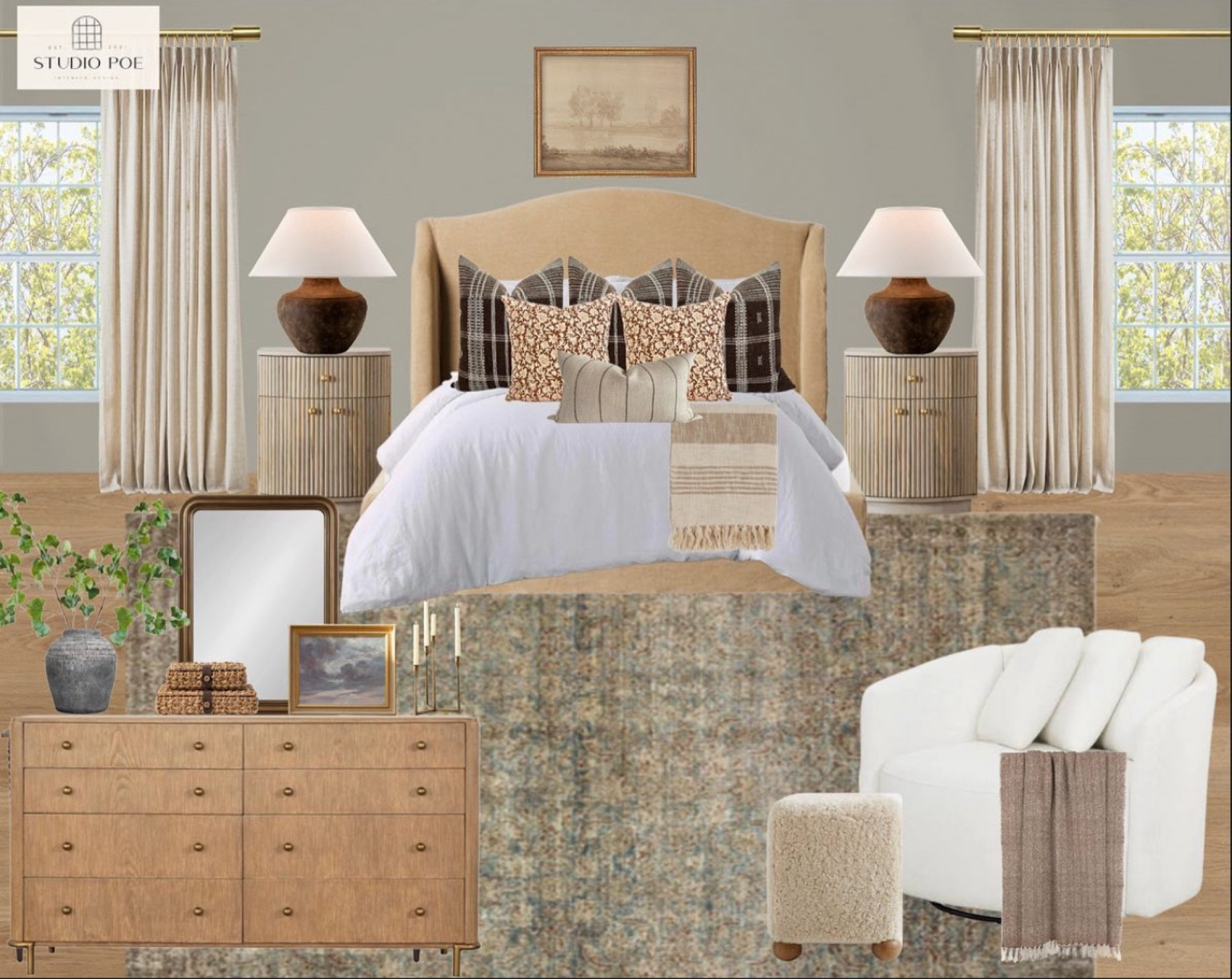 Moody bedroom! 

Green paint, nightstand, curved, arch, upholstered bed, loloi rug, vintage, wood dresser, round accent chair, sheepskin, boucle pouf ottoman, table lamp, pinch pleat curtain, throw pillows, mirrorr

#LTKHome #LTKFindsUnder100 #LTKSaleAlert