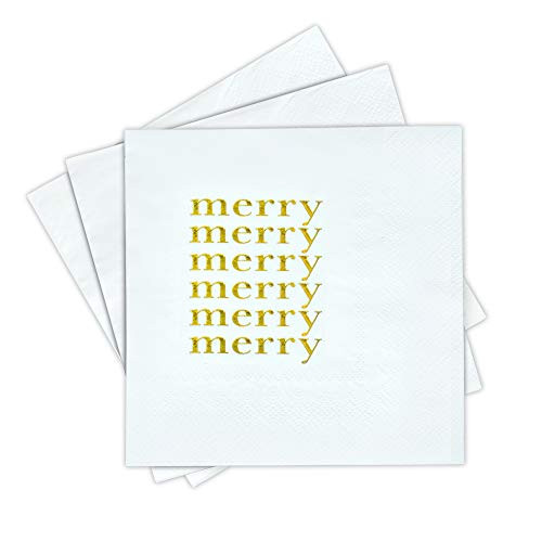 Merry Christmas Cocktail Napkins - Gold Foil Embossed Holiday Napkins, Christmas Napkins, 3-Ply Gold Foil Disposable Christmas Paper Napkins by Sunshine Supply | Amazon (US)