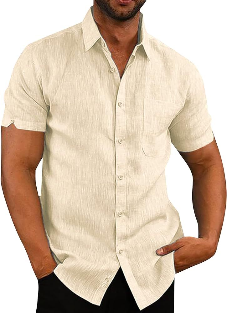 Mens Short Sleeve Shirts Button Down Tops Beach Linen Fishing Tees Spread Collar Plain Summer Blouse | Amazon (US)