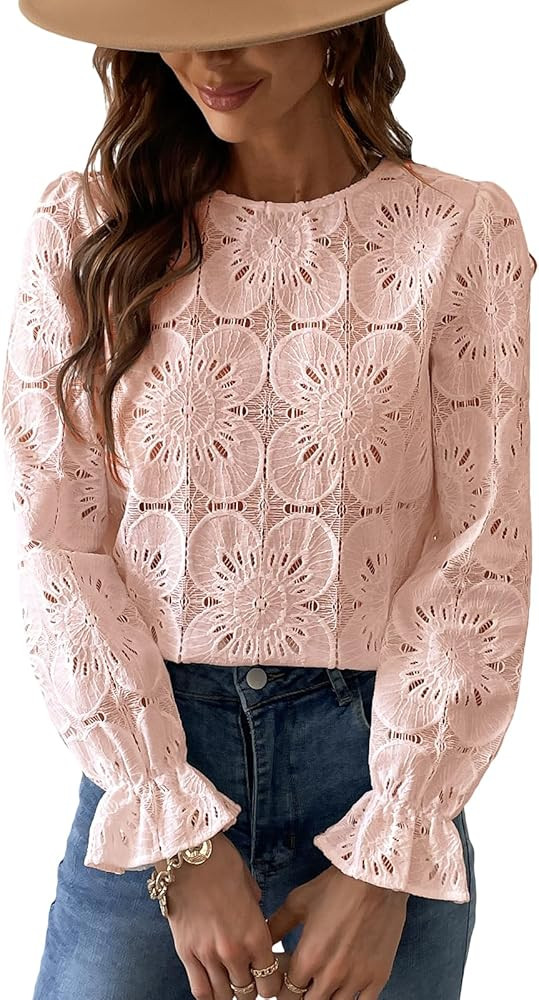 CUPSHE Women Eyelet Long Sleeve Tops Shirts Dressy Hollow Out Crochet Lace Embroidered Blouses 20... | Amazon (US)