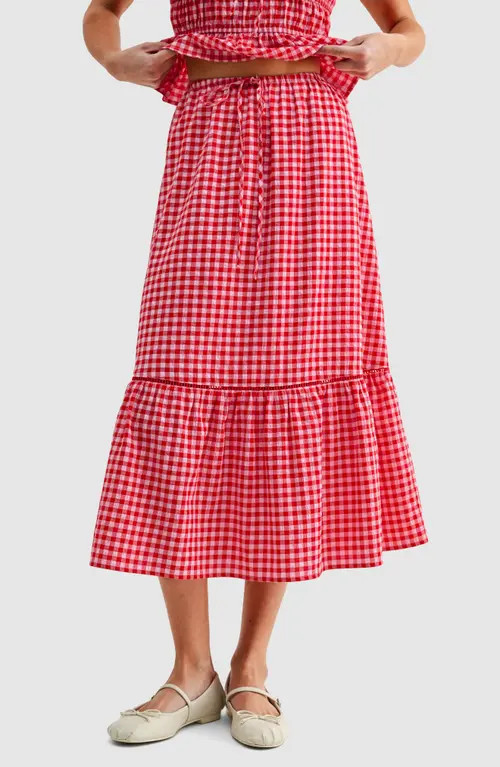 All in Favor Gingham Cotton Blend Midi Skirt in Red Gingham at Nordstrom, Size X-Large | Nordstrom