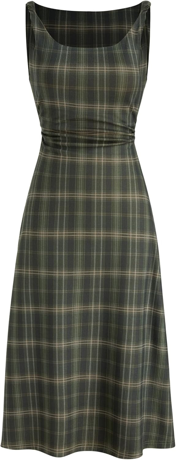 CIDER Plaid Midi Dress Ruched Scoop Neck Sleeveless Tartan Checks Casual Bodycon Dress | Amazon (US)