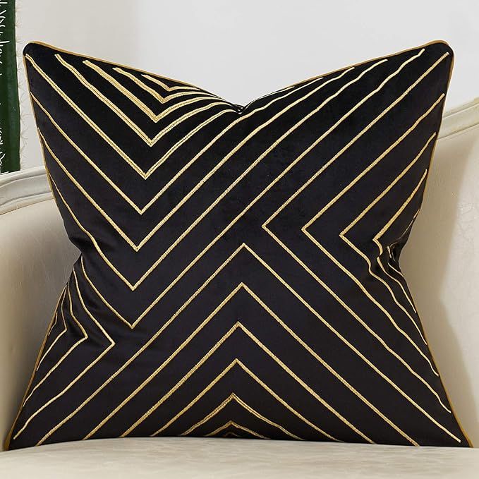 Avigers 20 x 20 Inch Black Gold Striped Geometric Lines Embroidery Velvet Cushion Case Luxury Mod... | Amazon (US)