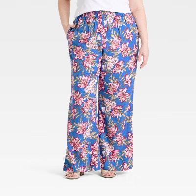 Women's Linen Wide Leg Pull-On Pants - A New Day™ Blue Floral XXL Short | Target