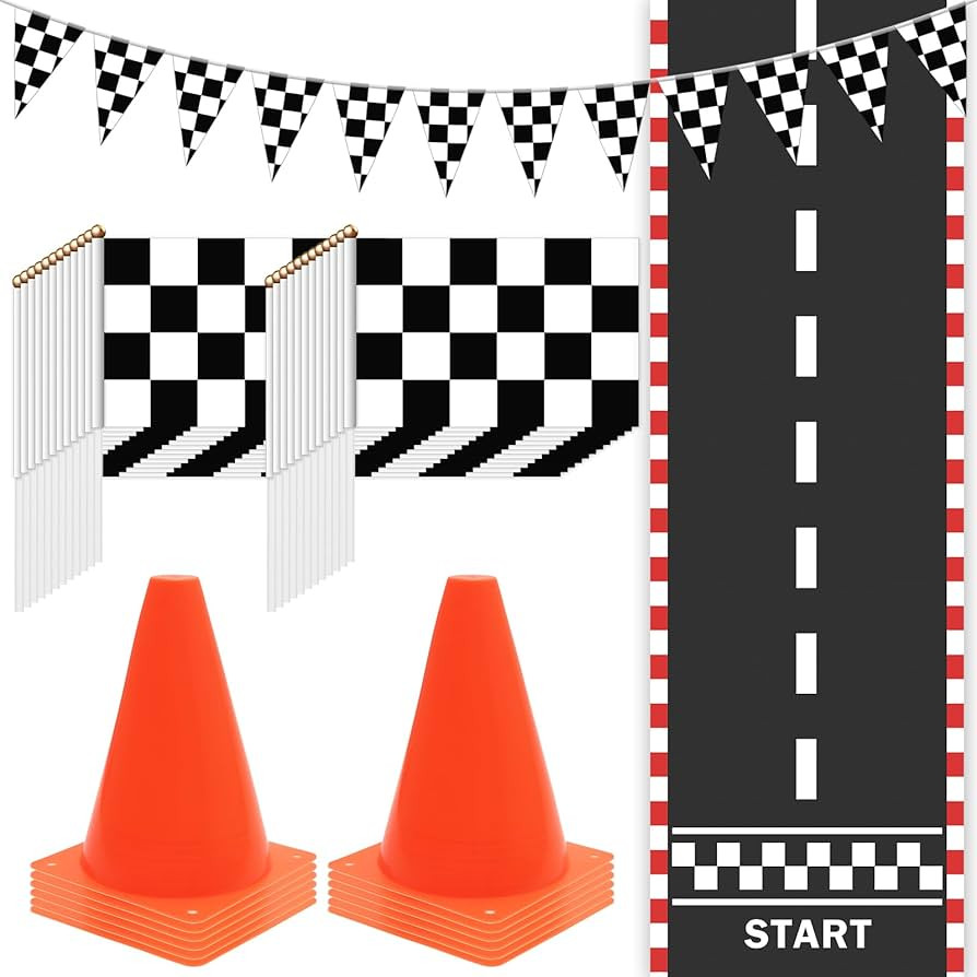 Race Car Party Supplies, 38 Pcs Set: 24 Checkered Flags, 12 Mini Traffic Cones, 6.5Ft Racetrack M... | Amazon (US)