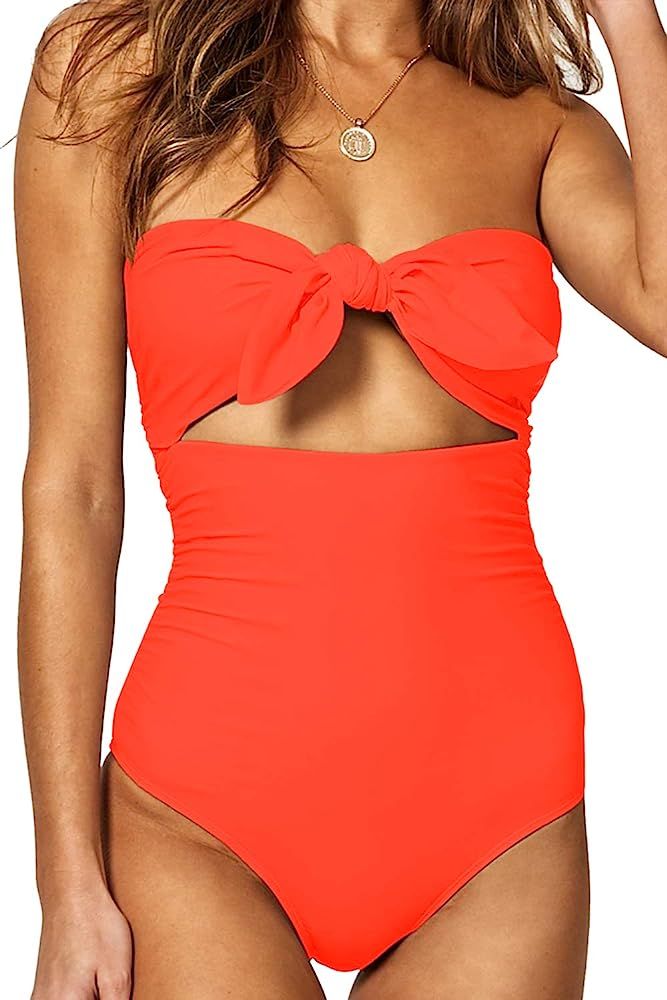 BOOSOULY Women's Beandeau Tie Knot Front Cut Out High Waist One Piece Swimsuits | Amazon (US)