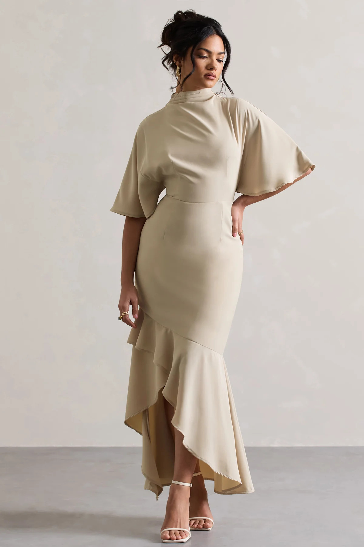 Lavinia | Champagne High-Neck Flutter-Sleeve Asymmetric Maxi Dress | Club L London