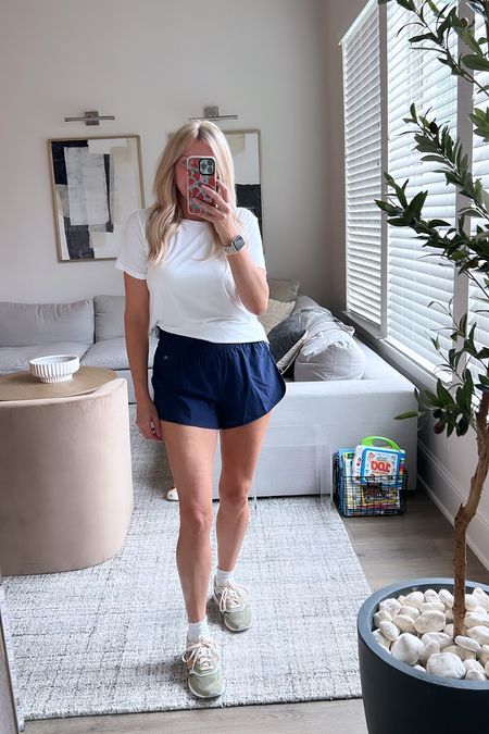 Free people dupe shorts. They are super comfortable, elastic waist and tons of color options. Tee is breathable and lightweight! Highly recommend both! Size medium in top & bottom. Sneakers are on clearance. Socks are a 2 packs and so adorable  

#LTKsalealert #LTKshoecrush #LTKfit