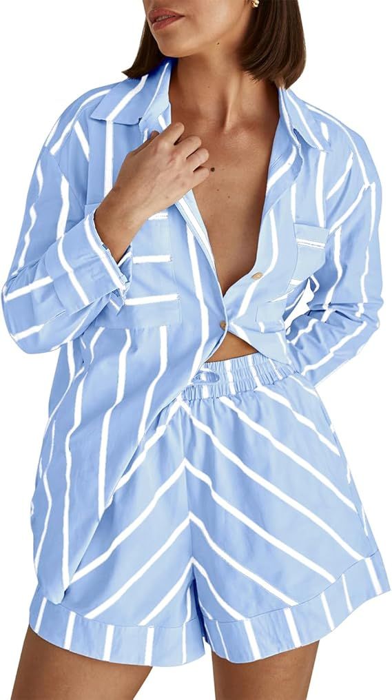 Women's Striped 2 Piece Outfits Casual Button Down Shirts and Shorts Drawstring Pajamas Lounge Ma... | Amazon (US)