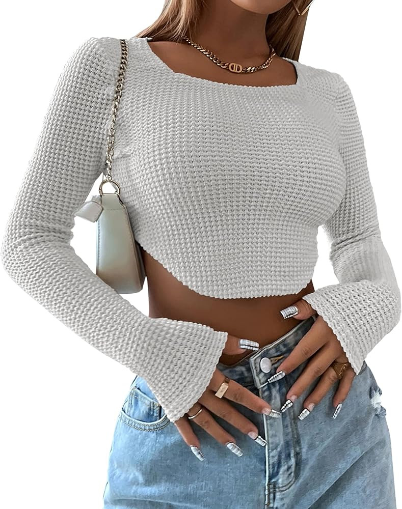 Women Long Sleeve Knitted Solid Crop Top Square Neck Fitted Asymmetrical Hem Cropped Tee Shirts | Amazon (US)