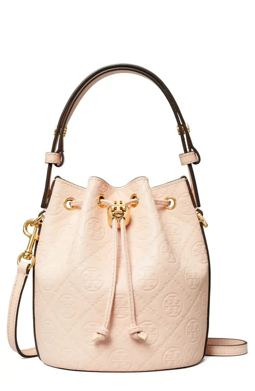 Tory Burch Mini T Monogram Debossed Bucket Bag in Blush at Nordstrom | Nordstrom