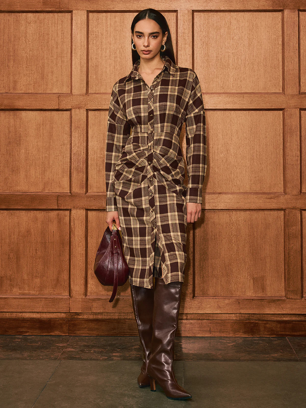Ruched Button-Front Plaid Shirt Dress | Commense