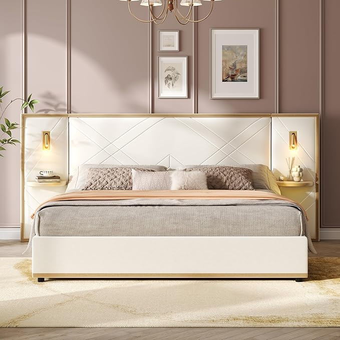 Merax King Bed Frame with 2 Built-in Led Lights and 2 Floating Storage Shelves, Luxury Velvet Uph... | Amazon (US)