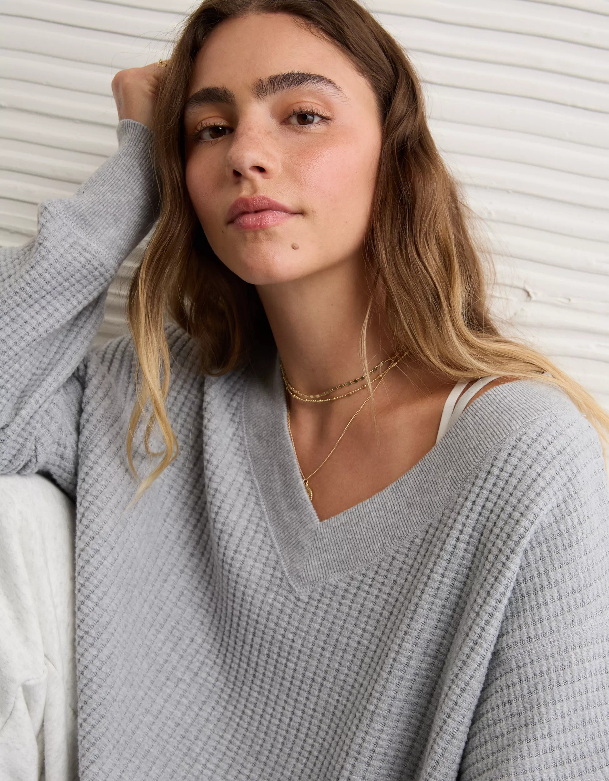 AE Big Hug V-Neck Waffle Sweatshirt | American Eagle Outfitters (US & CA)