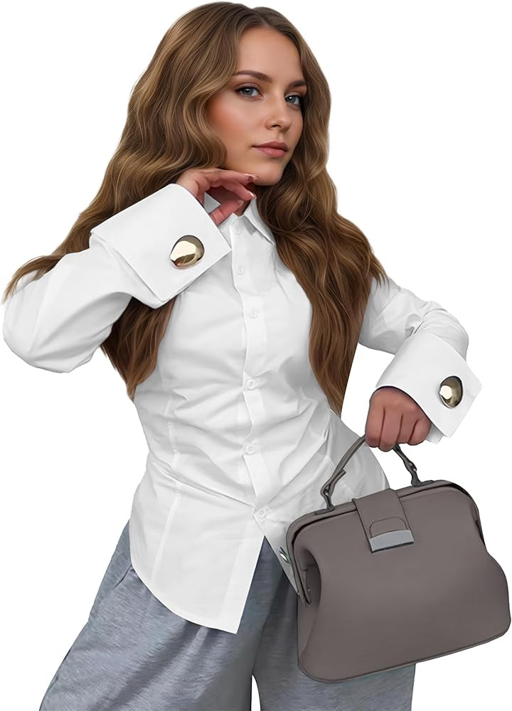 oshoplive Women's Elegant Office Work Blouse Shirt Tops Dressy Long Sleeve Collar V Neck Shirts | Amazon (US)