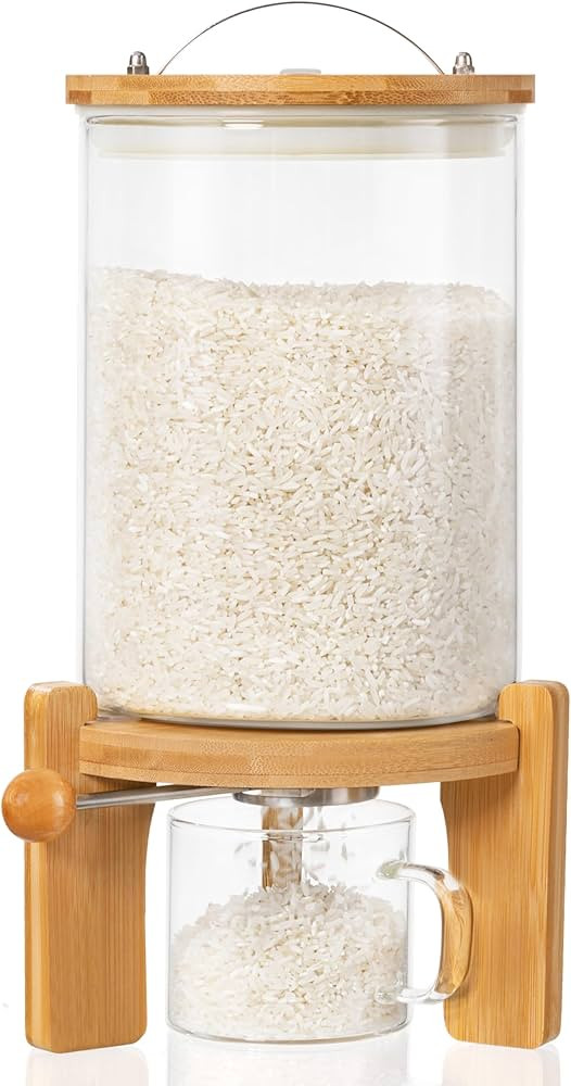 HBlife Dispensador de arroz de vidrio de 5 libras con soporte de madera, contenedor de harina y c... | Amazon (US)
