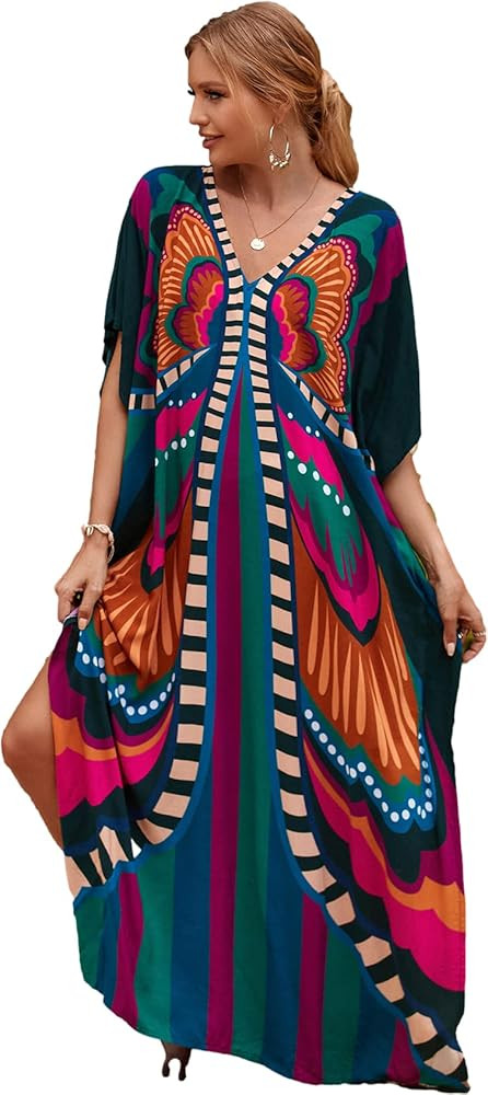LOUSEA Caftans for Women Plus Size Swim Cover up Vneck Batwing Dress Loose fit Moroccan Caftan mu... | Amazon (US)