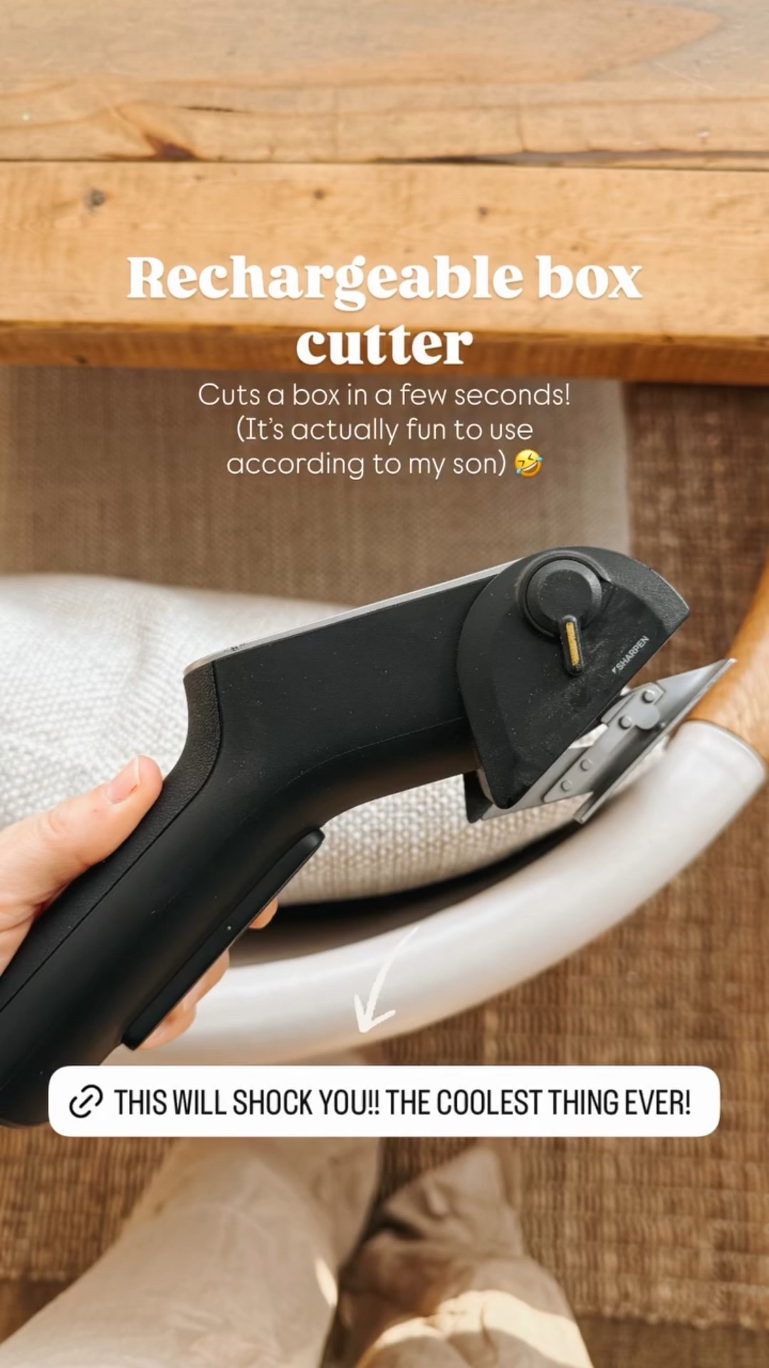 Rechargeable box cutter Cuts a box in a few seconds! (It’s actually fun to use according to my son) 🤣