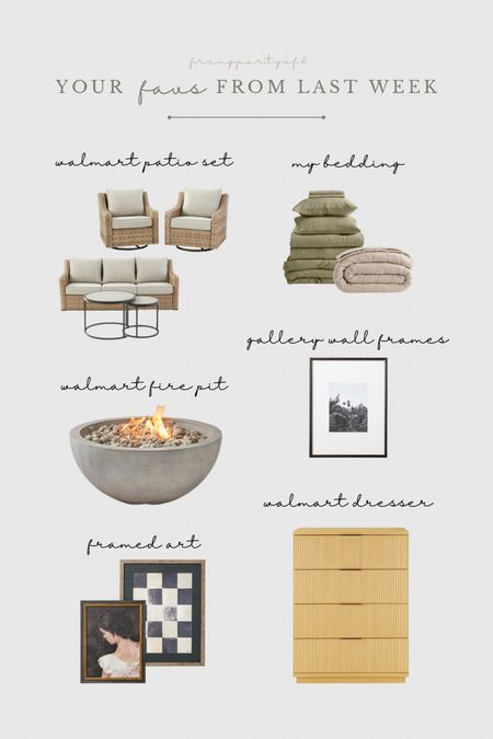 Last week’s favorited and top sellers! My Walmart patio set is still on sale, my olive bedding and quilt is always a top seller, this concrete Walmart fire pit is on sale, my gallery wall frames, framed art on sale, and Avery’s new dresser is on rollback 🙌

#LTKfindsunder50 #LTKhome #LTKsalealert
