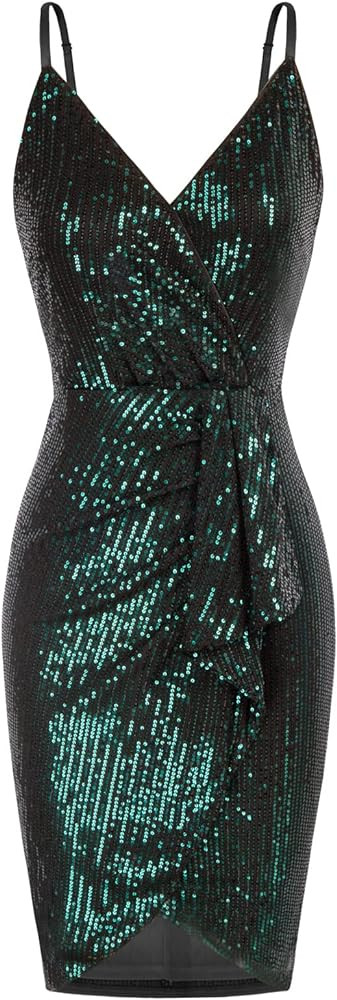 GRACE KARIN Women's Sexy Sequin Dress Wrap V-Neck Ruched Bodycon Spaghetti Straps Cocktail Party ... | Amazon (US)