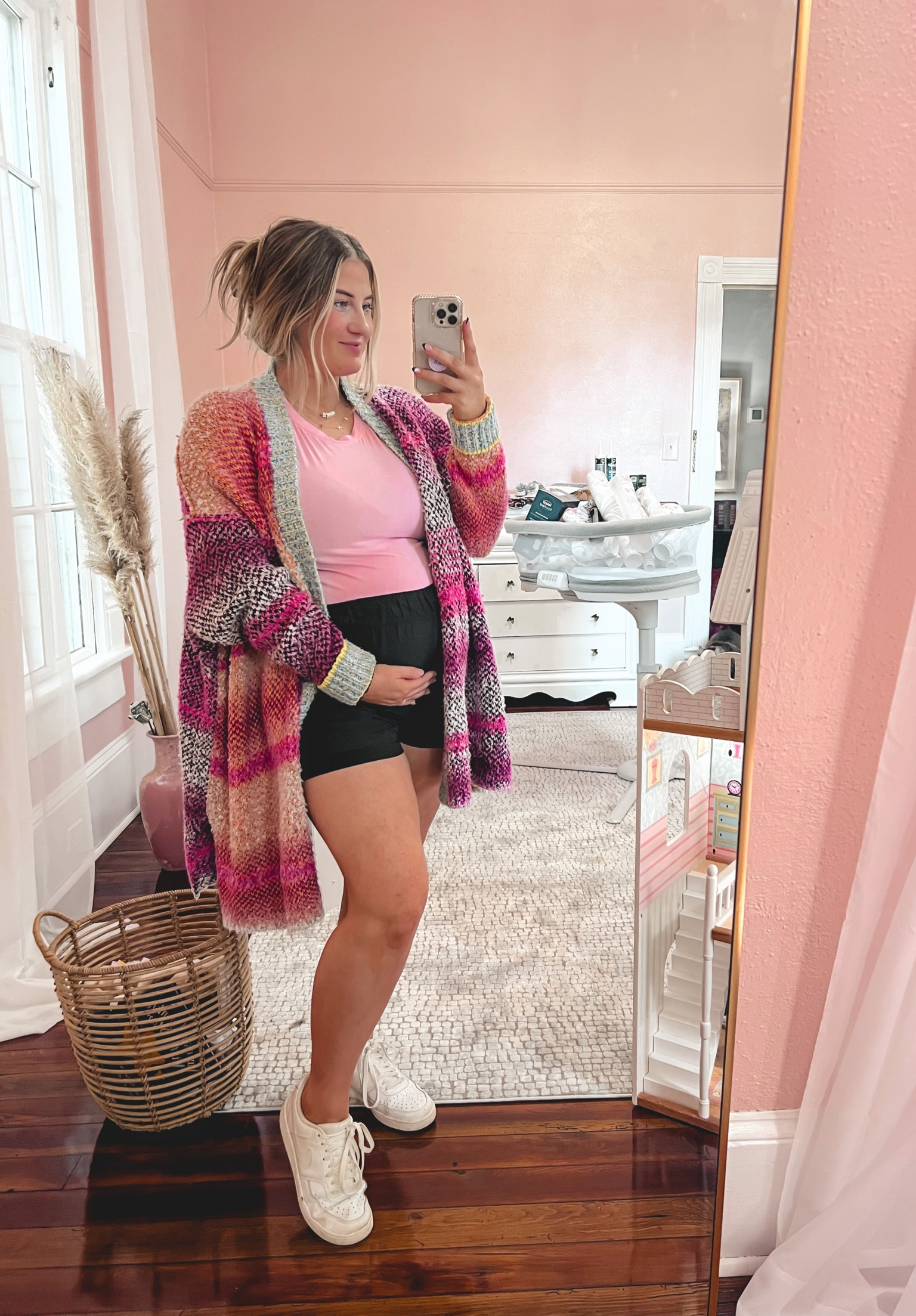 Maternity lounge outfit athleisure free people dupe shorts from Amazon 