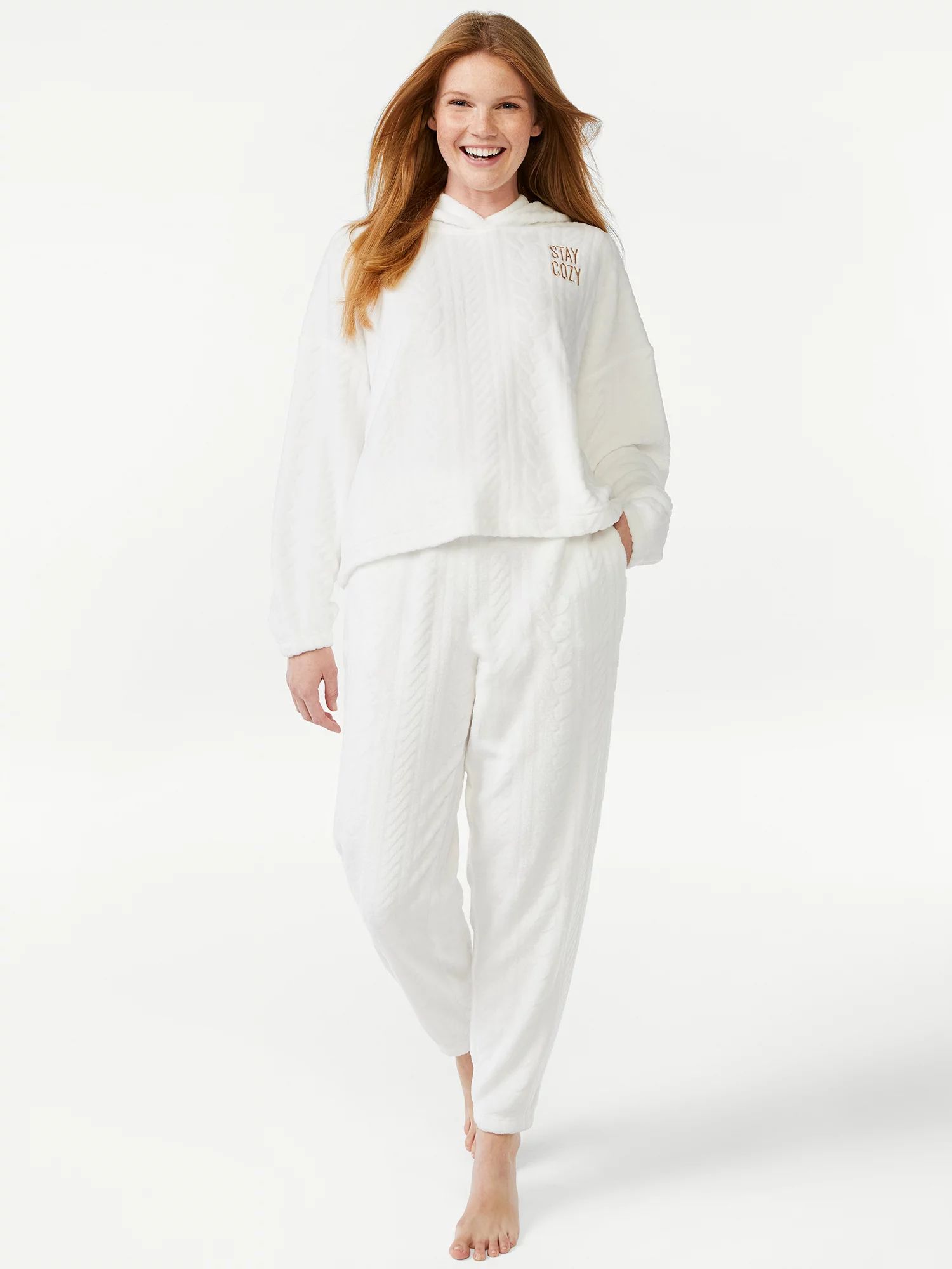 Joyspun Women's Plush Cable Long Sleeve Hooded Top and Pants Pajama Set, 2-Piece, Sizes up to 3X | Walmart (US)