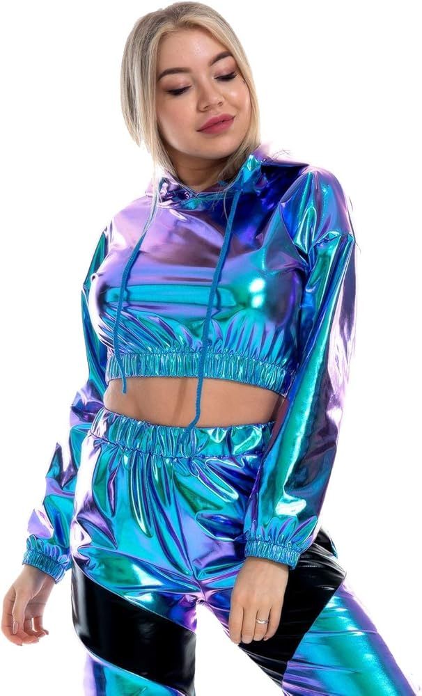 Shiny Metallic Crop Hoodies for Women, Long Sleeve Wet Look Stretchy Pullover Holographic Sweatshirt | Amazon (US)