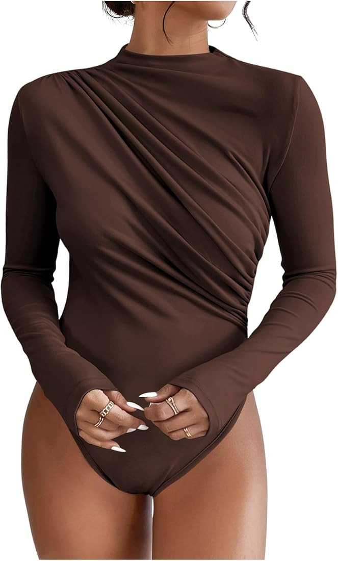 SweatyRocks Women's Bodysuit Mock Neck Casual Ruched Long Sleeve Jumpsuit | Amazon (US)
