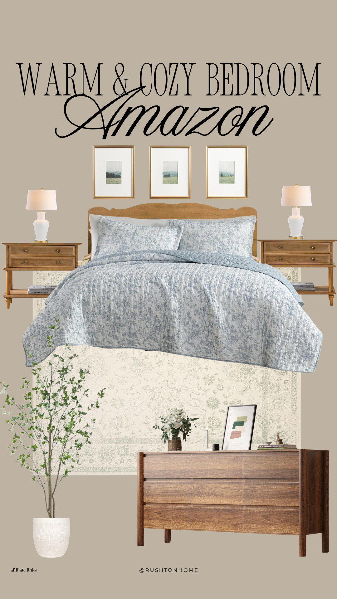 Amazon bedroom decor, warm cozy bedroom ideas, Amazon bedding set, blue floral quilt bedding, wood nightstands, neutral table lamps, framed wall art set, dresser styling ideas, vintage inspired rug, neutral bedroom design, organic modern bedroom, layered bedding look, affordable bedroom furniture, Amazon home styling, soft blue bedroom decor, cozy spring bedroom, budget bedroom refresh, timeless bedroom decor, warm wood furniture, neutral aesthetic bedroom 

 #LTKHome