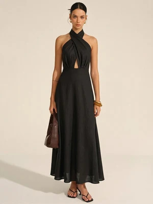 Cotton Linen Halter Neck Cut-Out Maxi Dress | Commense