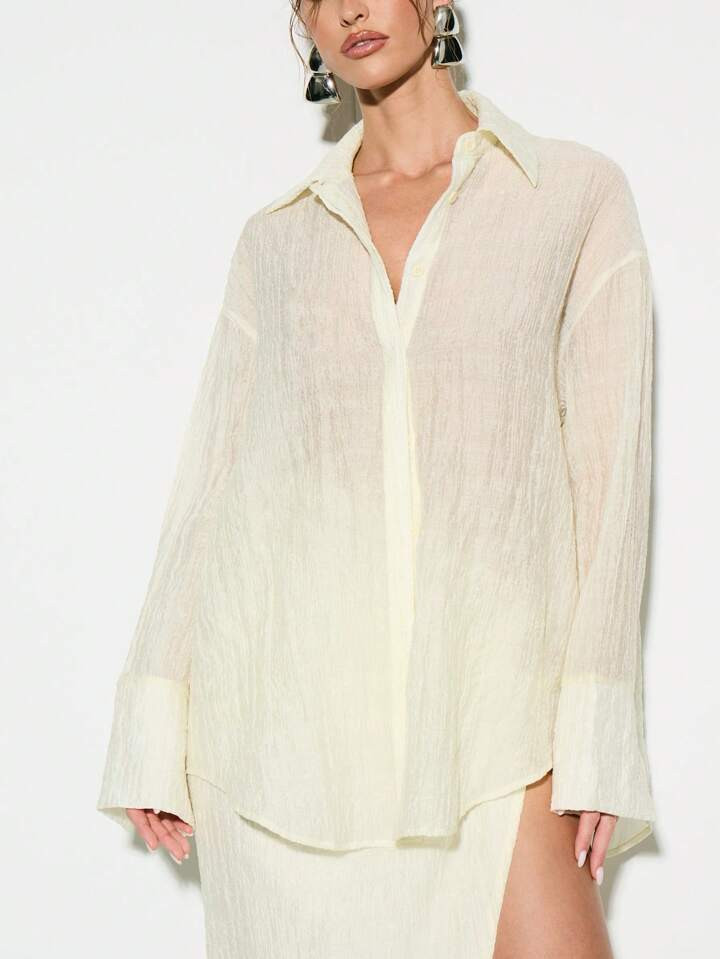 KIZN Oversized Button-Down Crinkle Texture Shirt Semi-Sheer Beach Cover Up Summer Resort Wear Long Sleeve Collared Blouse | SHEIN