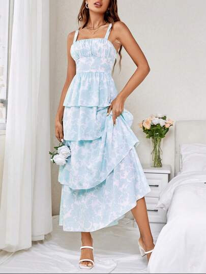 SHEIN Privé Ladies" Summer Floral Print Multi-Layered Cake Spaghetti Strap Elegant Dress | SHEIN