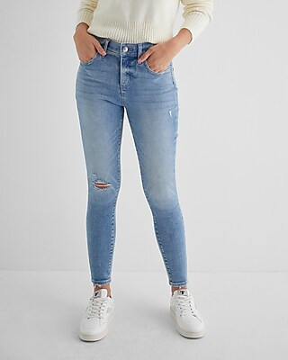 Mid Rise Light Wash Ripped Skinny Jeans | Express