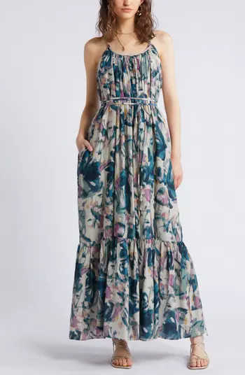 Cotton & Silk Tie Waist Tiered Sundress | Nordstrom